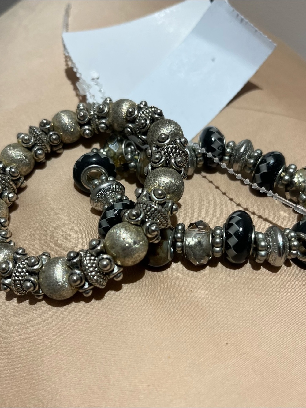 Silver-Tone and Black Beaded Stretch Bracelet Set